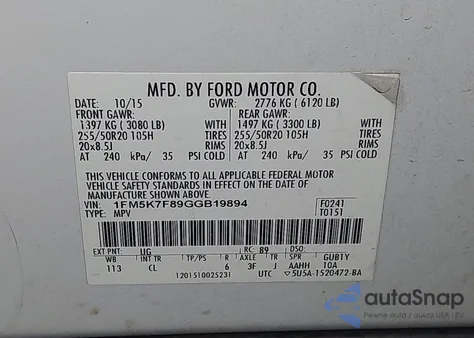 2016 Ford Explorer Limited из США, поврежденный, VIN 1FM5K7F89GGB19894